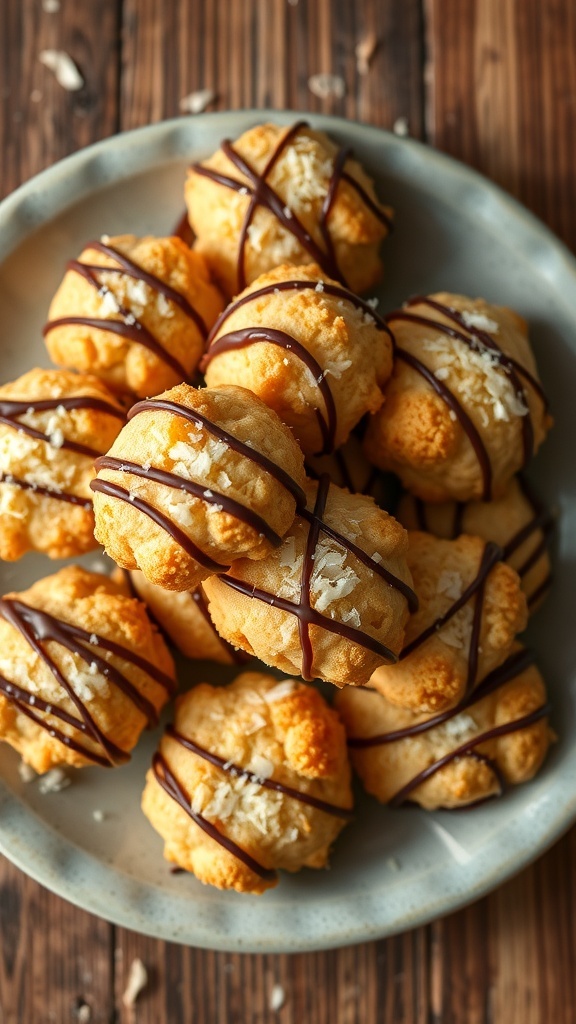 A plate of coconut macaroons, some drizzled with chocolate, on a rustic wooden table.